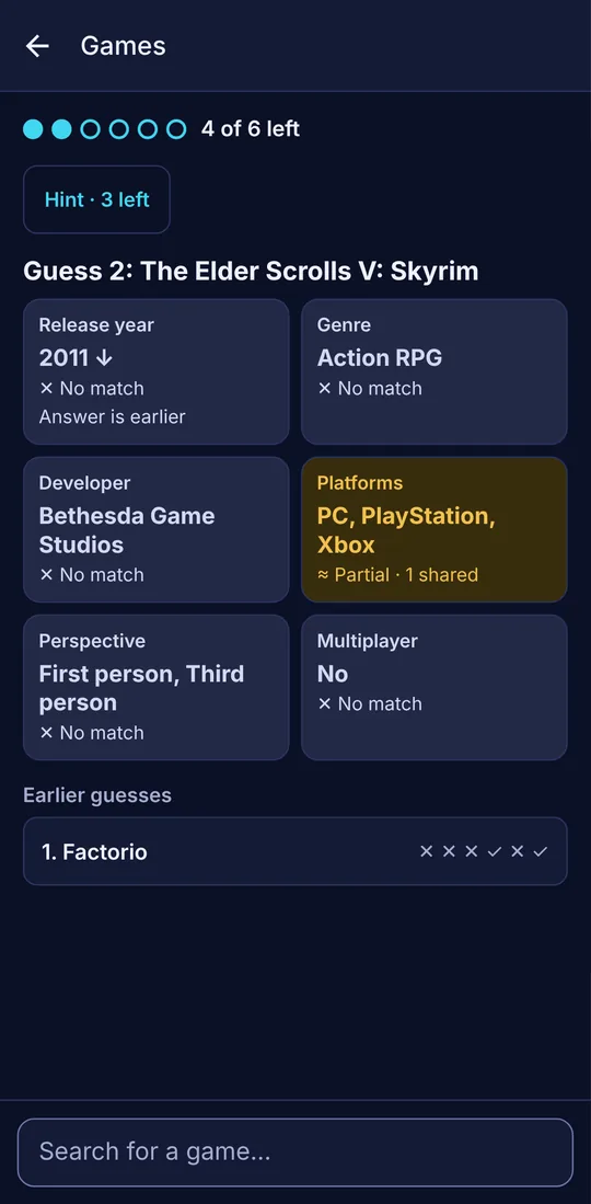 A round in the dark theme, showing the clue cards.