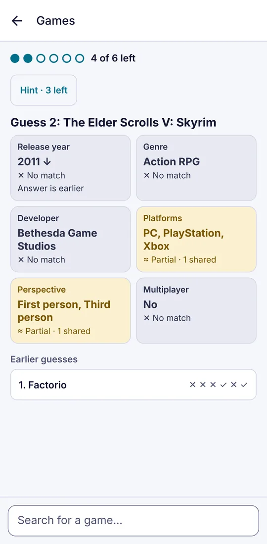 Clue cards for a guess: release year with an arrow, genre, developer, platforms, perspective and multiplayer.