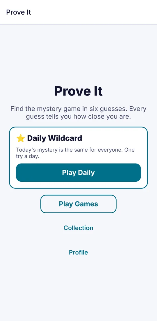 The home screen in the light theme, with the Daily Wildcard and Play Games.