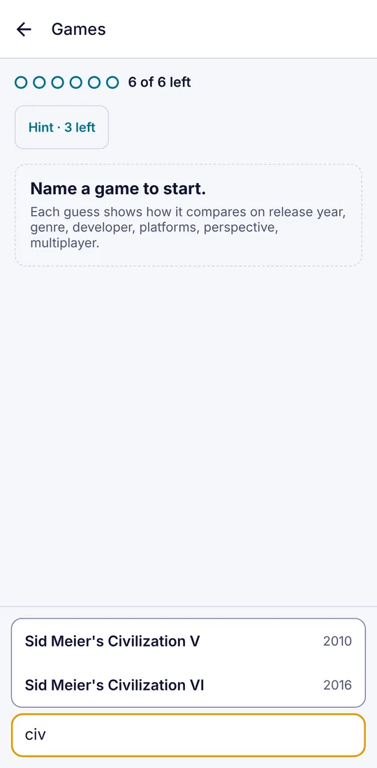Searching for a game: typing shows matching titles, with the release year to tell same-named games apart.